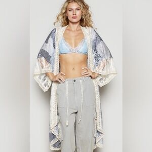 POL Lace Kimono in Cream and Blue